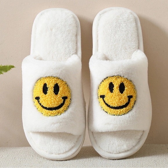 Shoes - White Fuzzy Slipper Slides with Yellow Smiley Face